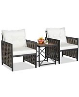 Gymax Outdoor 3 Pieces Patio Rattan Chair & Coffee Table Set Furniture Set Backyard Poolside