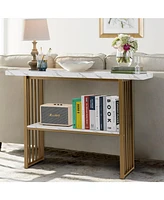 48 Inch 2-Tier Console Table with Gold Finished Frame-White