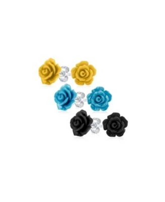 Bling Jewelry Set of 3 Romantic 3D Carved Rose Flower Post Stud Earrings 10MM Lightweight
