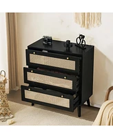 Modern 3-Drawer Rattan Dresser – Space-Saving Wooden Storage Chest for Bedroom, Living Room & Dorms
