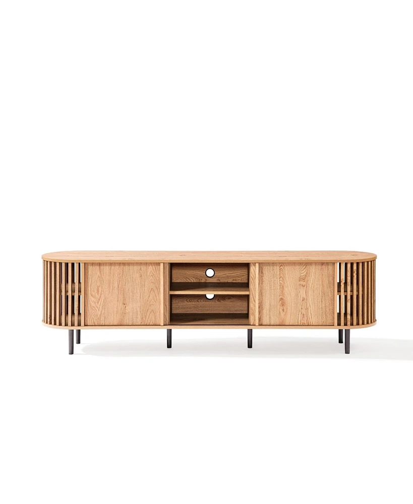 LuxenHome Light Oak Finish Engineered Wood 2-Door and Open Storage 71-Inch Wide Tv Console