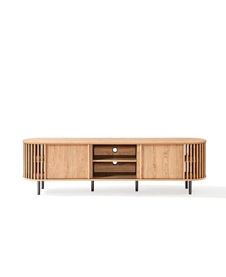 LuxenHome Light Oak Finish Engineered Wood 2-Door and Open Storage 71-Inch Wide Tv Console