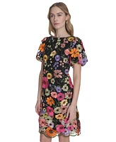 Eliza J Petite 3D-Floral Puff-Sleeve Mini Dress