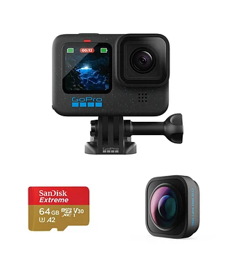 GoPro GoPro Hero12 Black Camera Bundle: Waterproof Action Cam with Go Pro Max Lens Mod 2.0 for HERO 12 Camera and 64GB Micro Sd Card for Ultimate Vide