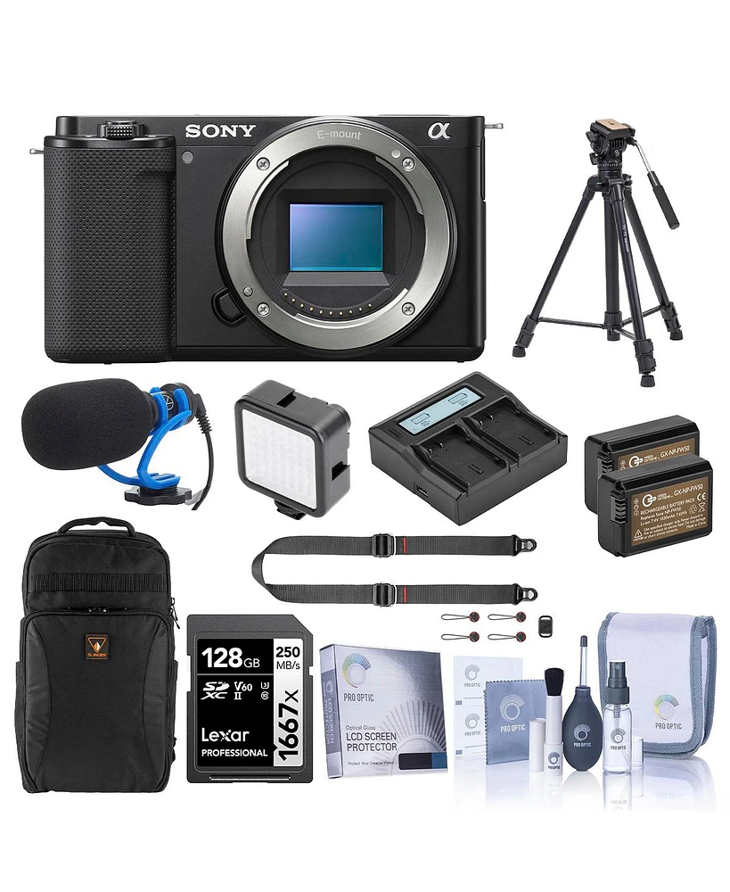 Sony Zv-E10 Mirrorless Camera, Black, Bundle with 128GB Memory Card, 2x Li-Ion Battery, Tripod, Shotgun Microphone and Backpack