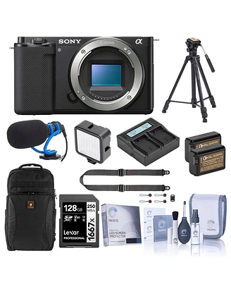 Sony Zv-E10 Mirrorless Camera, Black, Bundle with 128GB Memory Card, 2x Li-Ion Battery, Tripod, Shotgun Microphone and Backpack