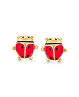 Bling Jewelry Small Red Enamel Ladybug Pendant Necklace & Stud Earrings Set Gold Tone