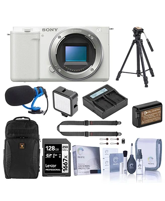 Sony Zv-E10 Mirrorless Camera, White, Bundle with 128GB Memory Card, Li-Ion Battery, Tripod, Shotgun Microphone and Backpack