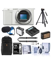 Sony Zv-E10 Mirrorless Camera, White, Bundle with 128GB Memory Card, Li-Ion Battery, Tripod, Shotgun Microphone and Backpack