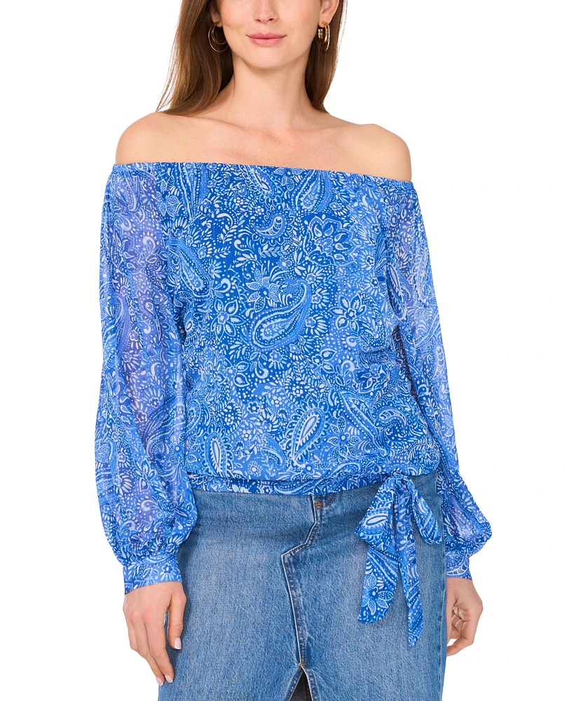 Vince Camuto Women's Paisley-Print Off-The-Shoulder Long-Sleeve Tie-Front Blouse