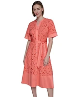 Karl Lagerfeld Paris Petite Cotton Button-Front Eyelet Dress