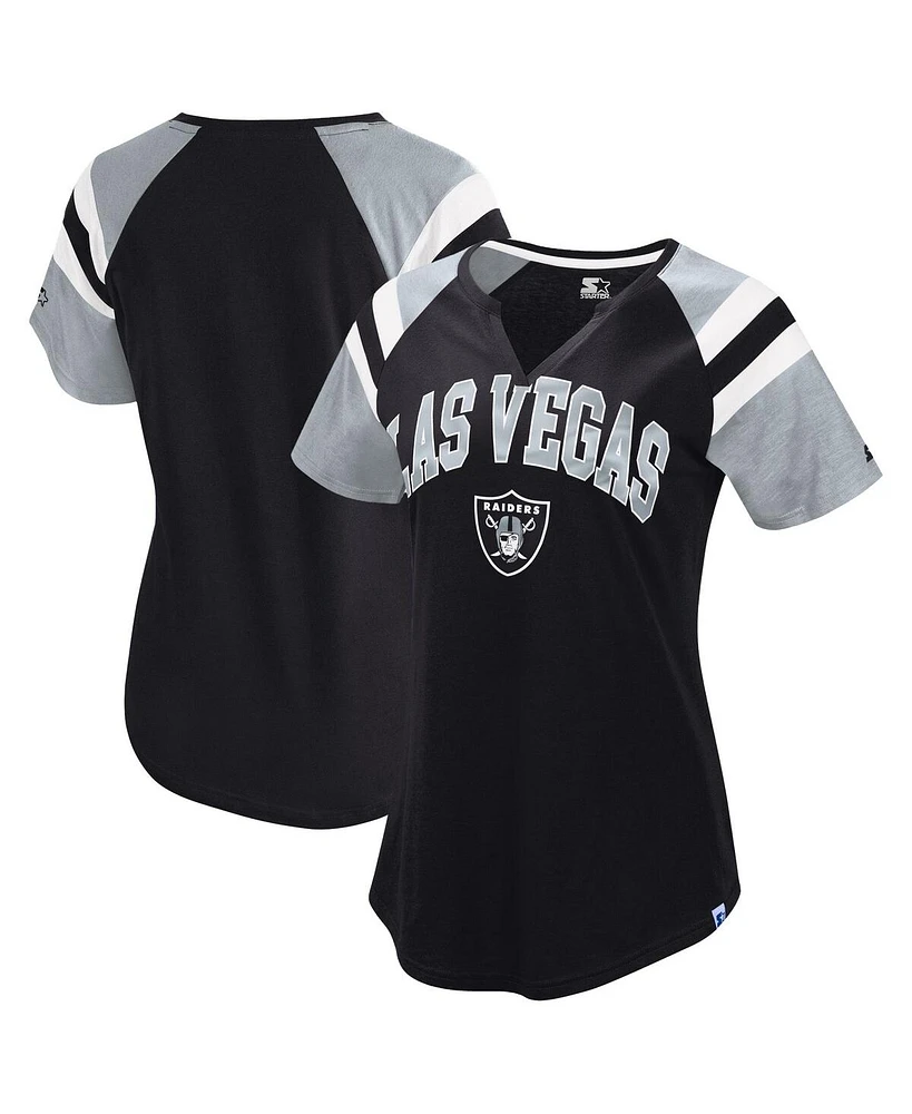 Starter Women's Black Las Vegas Raiders Game On Notch Neck Raglan T-Shirt