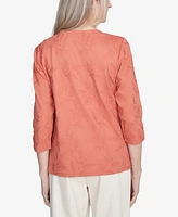 Alfred Dunner Petite Natural Instinct Solid Leaf Embroidered Top With Necklace