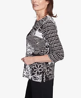 Alfred Dunner Petite Natural Instinct Monotone Patch Beaded Split Neck Top