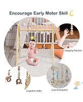 Costway Baby Foldable Wooden Gym with 3 Wooden Teething Toys