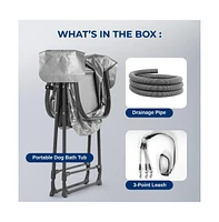 SereneLife Portable Dog Bath Tub with Drain System & Leash Restraint, Gray/Black