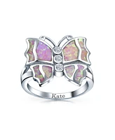 Bling Jewelry Elegant Cz Accent Cubic Zirconia Pink Created Opal Butterfly Ring .925 Sterling Silver