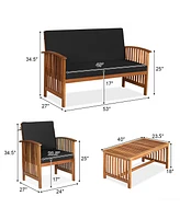 4PCS Patio Solid Wood Furniture Set Conversation Coffee Table W