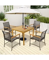 Gymax 5 Pcs Patio Dining Set Acacia Wood Table w/ 1.9'' Umbrella Hole Wicker Armchairs