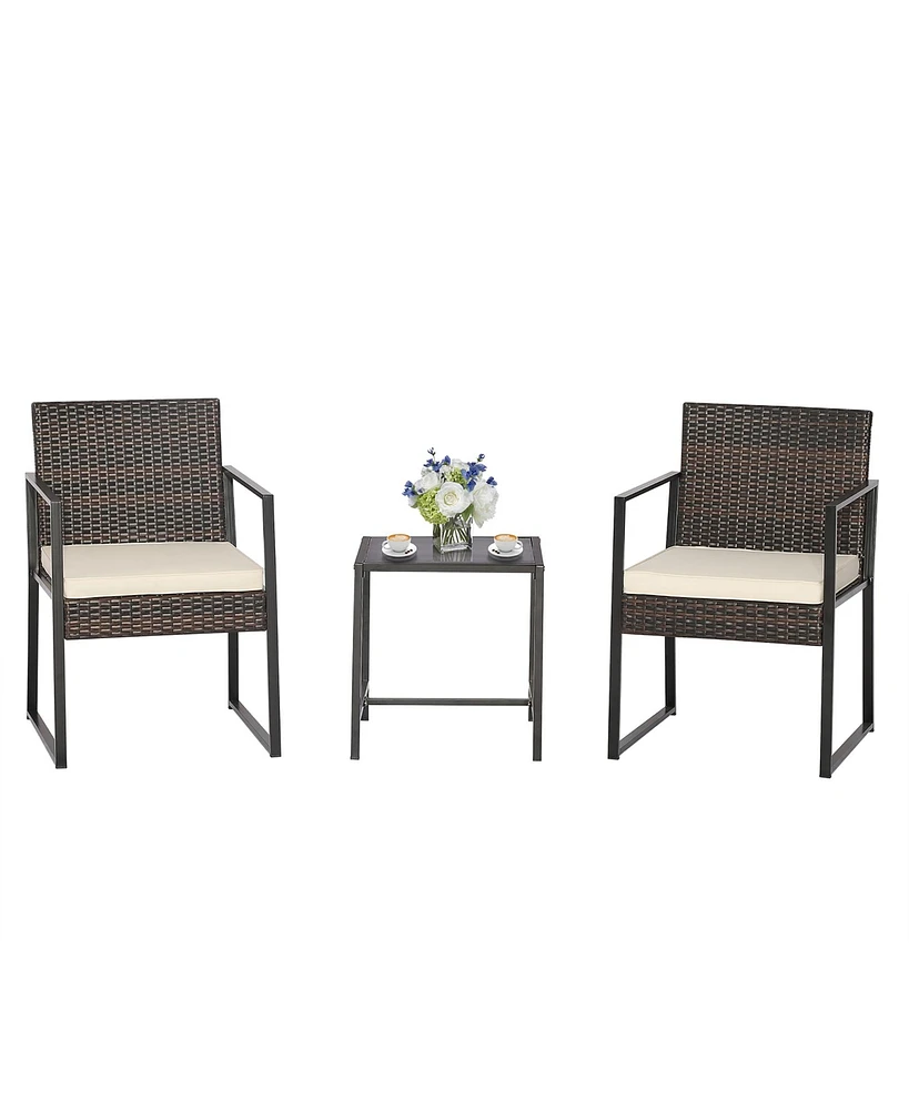 Gymax 3PCS Patio Rattan Hand-Woven Pe Wicker Bistro Set Outdoor Furniture Set w/ Table & Cushion
