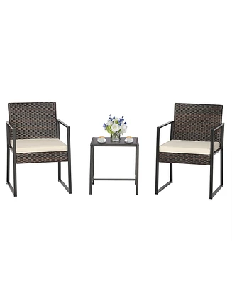 Gymax 3PCS Patio Rattan Hand-Woven Pe Wicker Bistro Set Outdoor Furniture Set w/ Table & Cushion