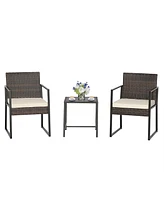Gymax 3PCS Patio Rattan Hand-Woven Pe Wicker Bistro Set Outdoor Furniture Set w/ Table & Cushion