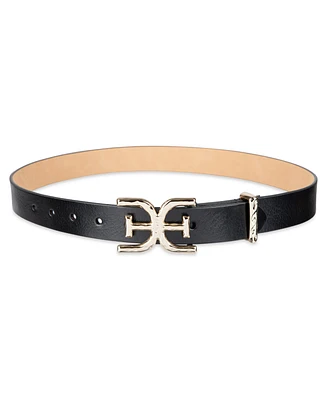 Sam Edelman Women's Hammered Double-e Logo Plaque Buckle Belt