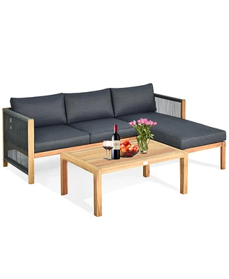 3PCS Patio Sofa Furniture Set Thick Cushion Acacia Wood