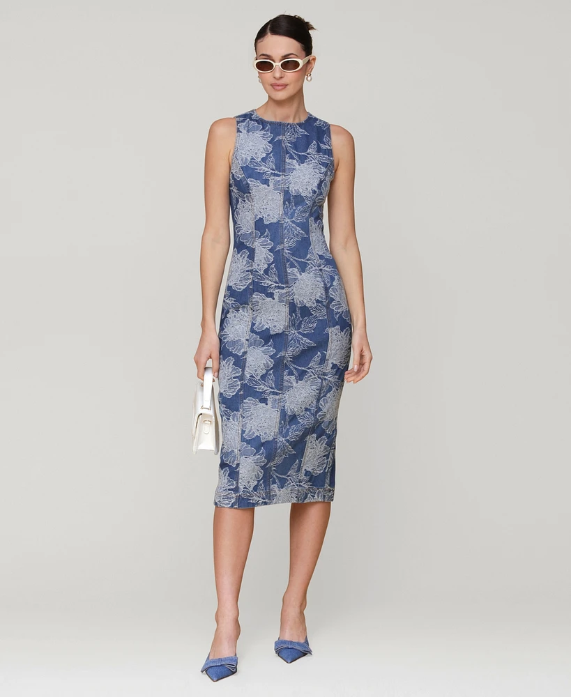 Avec Les Filles Women's Embroidered Floral Denim Midi Dress