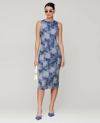 Avec Les Filles Women's Embroidered Floral Denim Midi Dress