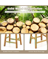 Woven Saddle Stools Set of 2 25.5'' Faux Pu Leather Counter Height Kitchen Stool