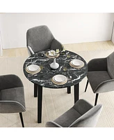 Round Dining Table with Rubber Wood Legs and Marble-textured Veneer Tabletop