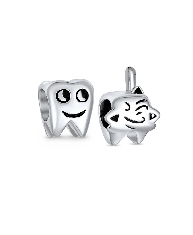 Bling Jewelry Set of 2 Smiling Tooth and Fairy Dentist Charm Bead Oxidized Sterling Silver