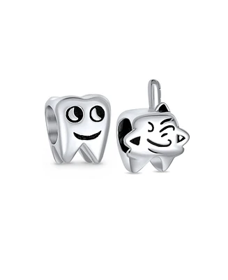 Bling Jewelry Set of 2 Smiling Tooth and Fairy Dentist Charm Bead Oxidized Sterling Silver