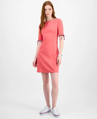 Tommy Hilfiger Women's Cotton Boat-Neck Tie-Sleeve Dress