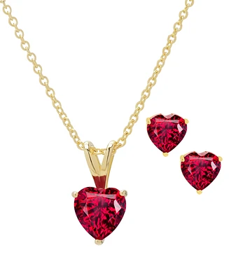 2-Pc. Set Lab Grown Ruby Heart Pendant Necklace & Matching Stud Earrings (1-3/4 ct. t.w.) in 14k Gold-Plated Sterling Silver