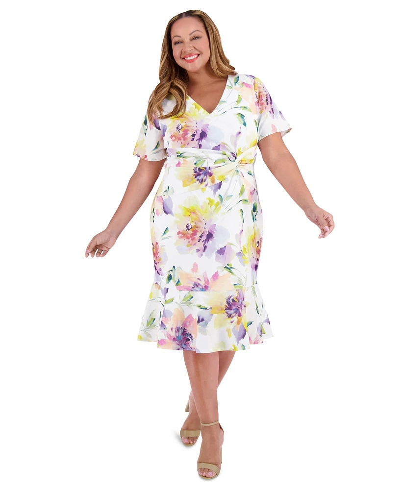 London Times Plus Twist-Front Ruffle-Hem Midi Dress