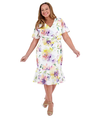 London Times Plus Twist-Front Ruffle-Hem Midi Dress