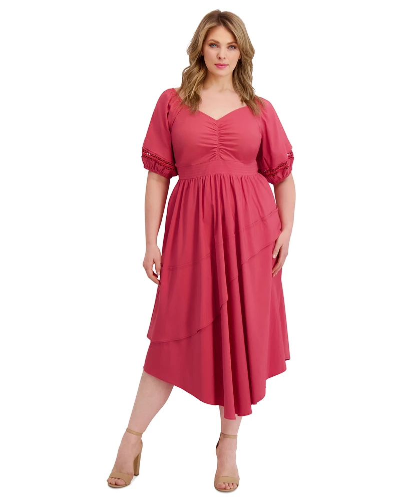 Siena Plus Puff-Sleeve Asymmetric-Hem Midi Dress