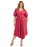 Siena Plus Puff-Sleeve Asymmetric-Hem Midi Dress