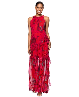 Betsy & Adam Petite Printed Ruffled Halter Gown