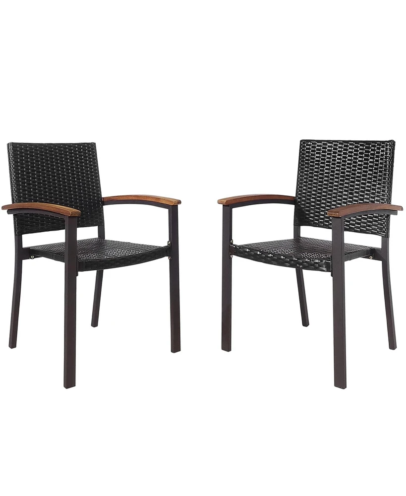 Set of 2 Outdoor Patio Pe Rattan Dining Chairs Armrest Stackable Garden