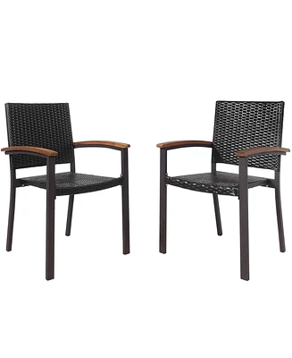 Set of 2 Outdoor Patio Pe Rattan Dining Chairs Armrest Stackable Garden