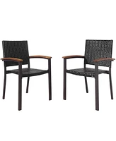 Set of 2 Outdoor Patio Pe Rattan Dining Chairs Armrest Stackable Garden