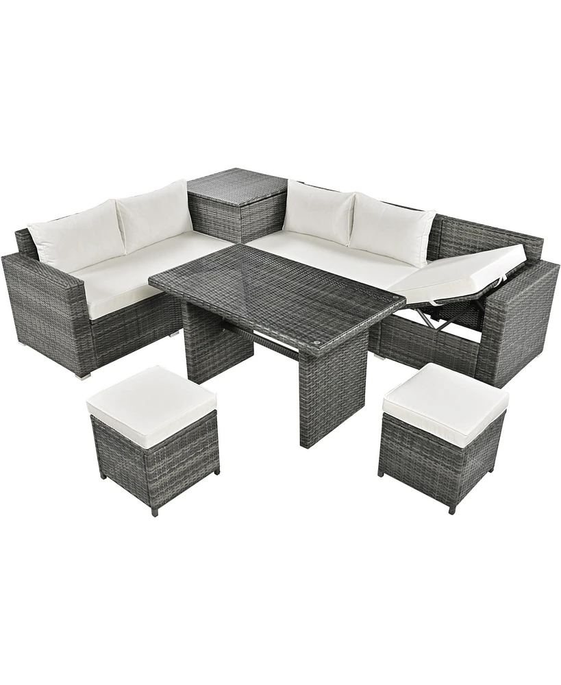 Mondawe Outdoor 6-Piece All Weather Pe Rattan Sectional Furniture Set with Adjustable Seat, Storage Box, Removable Covers and Tempered Glass Top Table