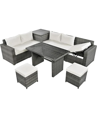 Mondawe Outdoor 6-Piece All Weather Pe Rattan Sectional Furniture Set with Adjustable Seat, Storage Box, Removable Covers and Tempered Glass Top Table