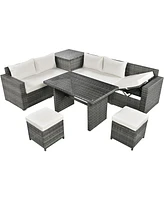 Mondawe Outdoor 6-Piece All Weather Pe Rattan Sectional Furniture Set with Adjustable Seat, Storage Box, Removable Covers and Tempered Glass Top Table