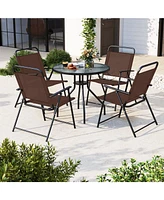 6 Pieces Patio Dining Set Folding Chairs Glass Table Tilt Umbrella for Garden