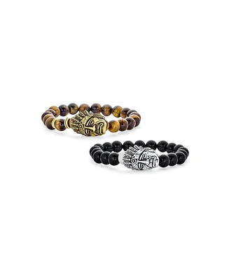 Bling Jewelry Set of 2 Chef Indian Face Natural Howlite Onyx and Tiger Eye Bead Stretch Bracelet