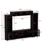 Grey Tv stand with top, left and right cabinets, multi-purpose media wooden console, entertainment center tempered glass